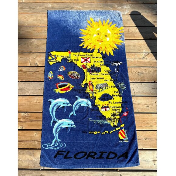 90s vintage Florida map graphic novelty retro travel souvenir cotton beach towel - Picture 1 of 4